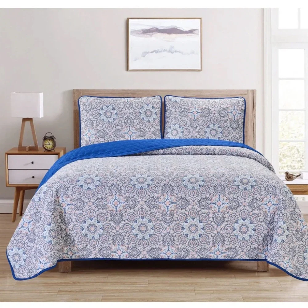 Dan River Reversible Printed Quilt Set (3 Piece) - Full - Queen - Navy Damask